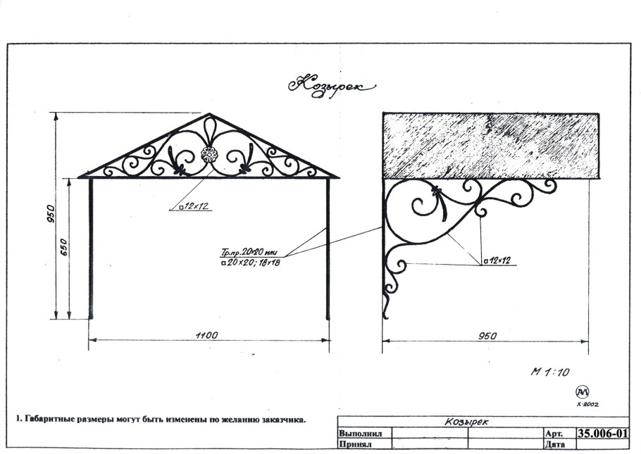 Кованый козырек двускатный чертеж