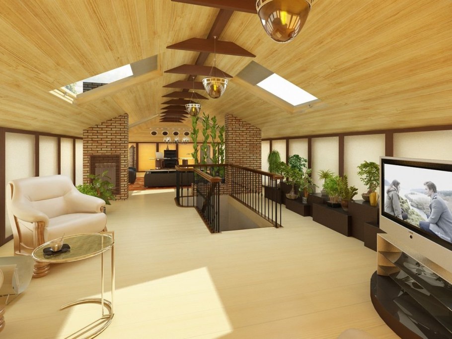 Интерьер мансардного этажа в коттедже