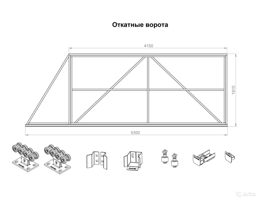 Чертёж откатных ворот проём 4м под евроштакетник