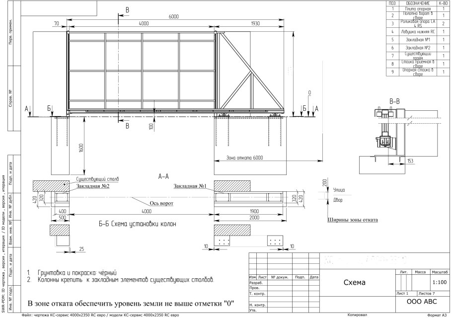 Каркас откатных ворот чертеж 4м