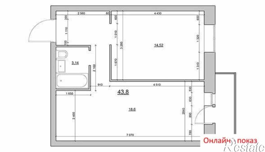 План 1 комнатной квартиры с размерами