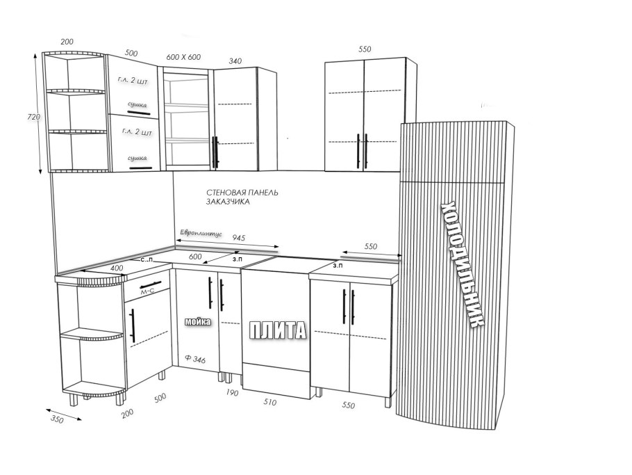 Стандартная высота верхних кухонных шкафов Селена 205