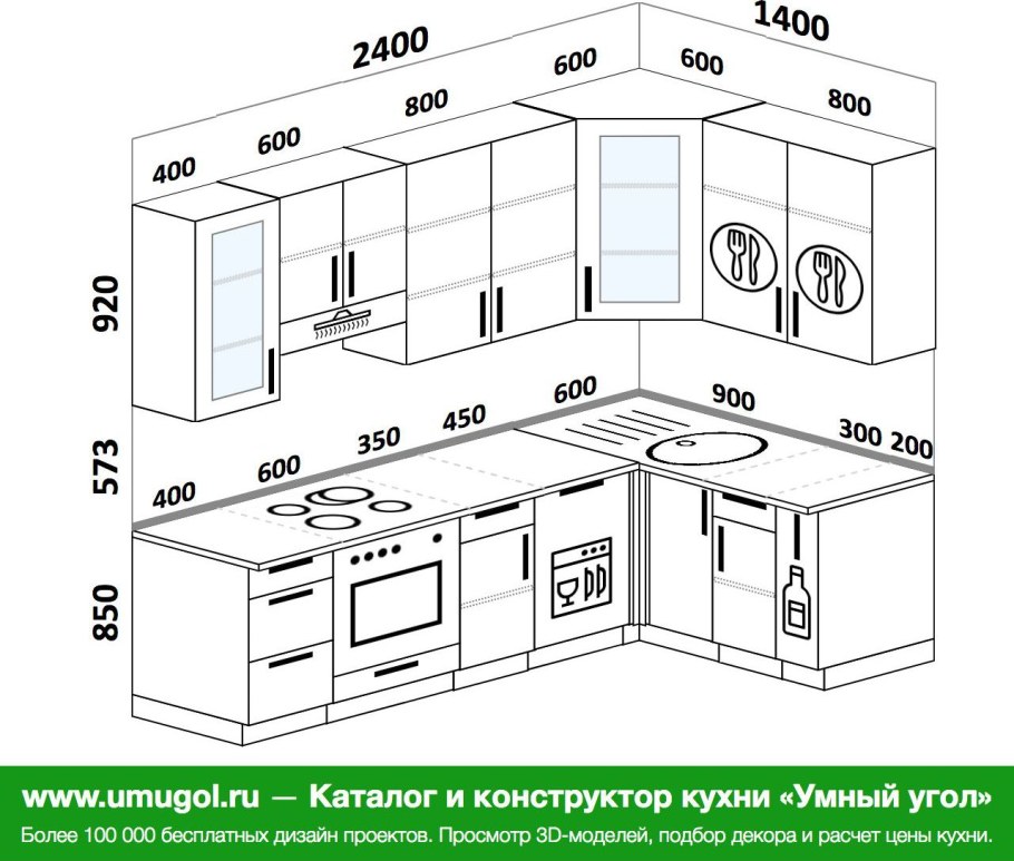 Угловая кухня 1800х1800 с размерами