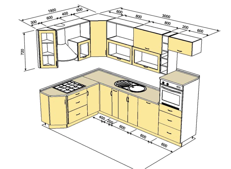 Кухонный мебель угловой 210х200 чертеж с размерами