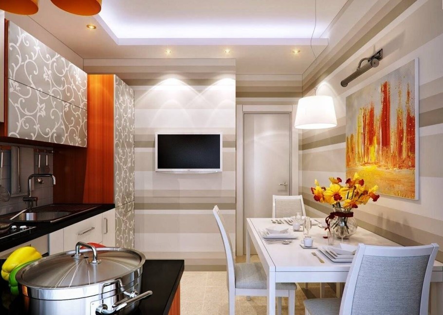 Кухня с телевизором на стене