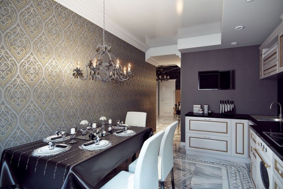 Темные обои на кухне