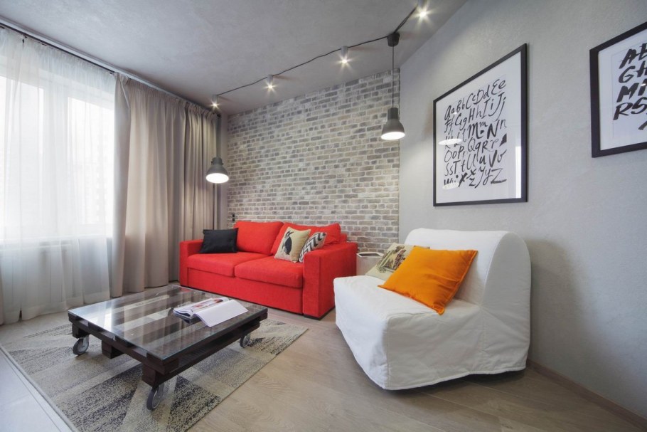 Интерьер гостинной комнаты 17 кв.м лофт