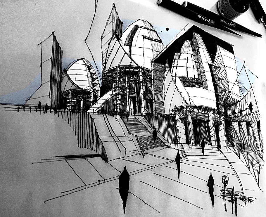 Футуристический пейзаж карандашом