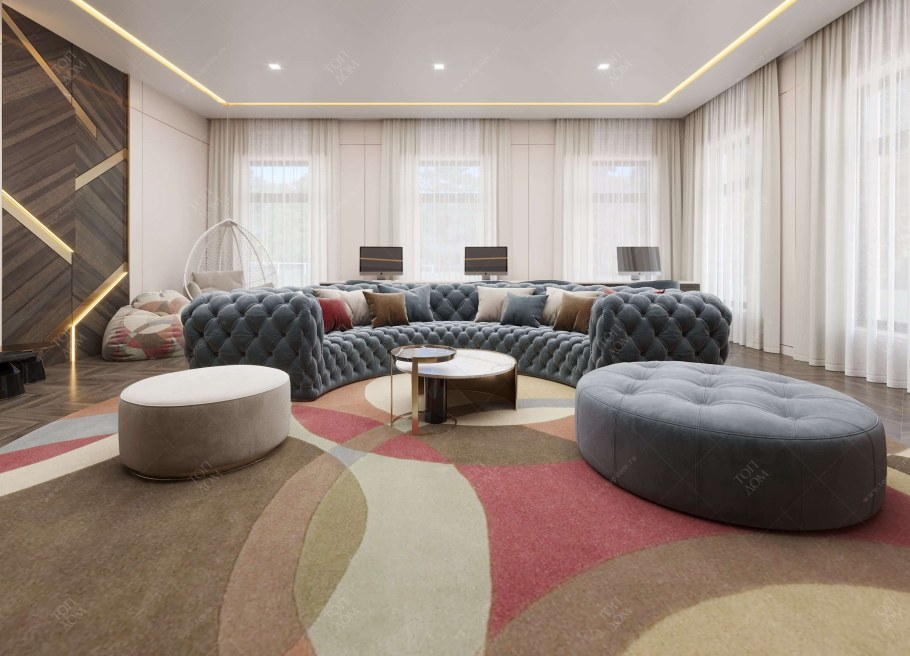 Диван полукруглый в гостиную в интерьере