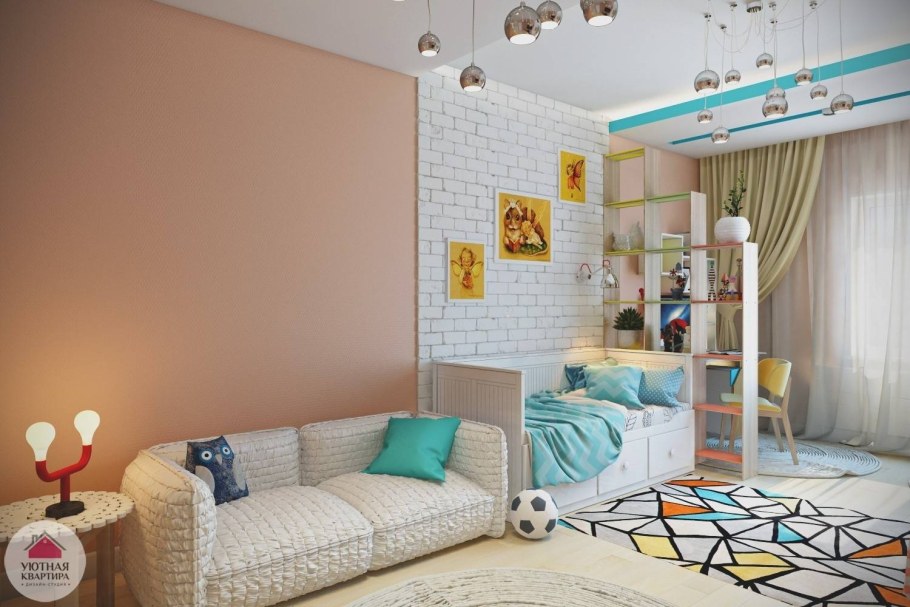 Интерьер узкой детской комнаты для двоих разнополых детей