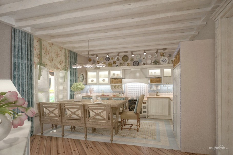 Интерьер кухни в стиле Прованс в доме из клееного бруса