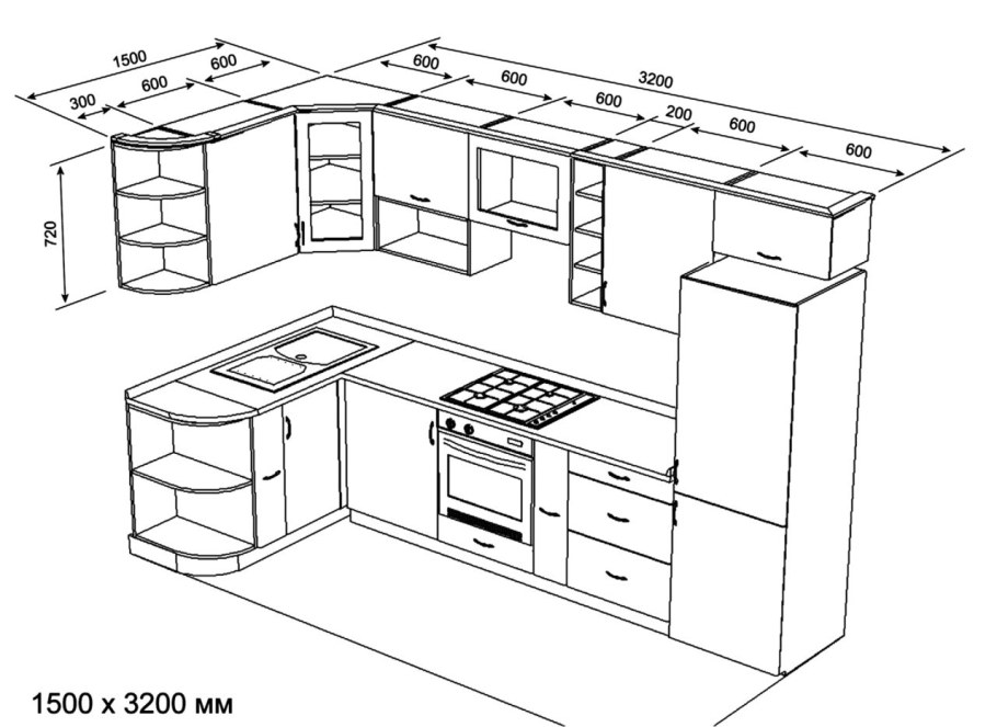 Чертёж кухни угловой 2.90