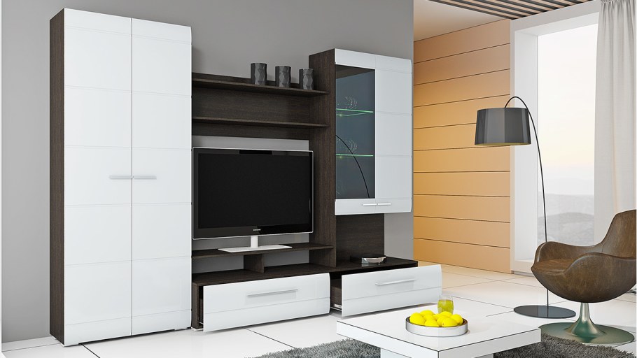 Стенка для гостиной ТРИЯ Вега ТД-196.01 венге линум, белый глянец