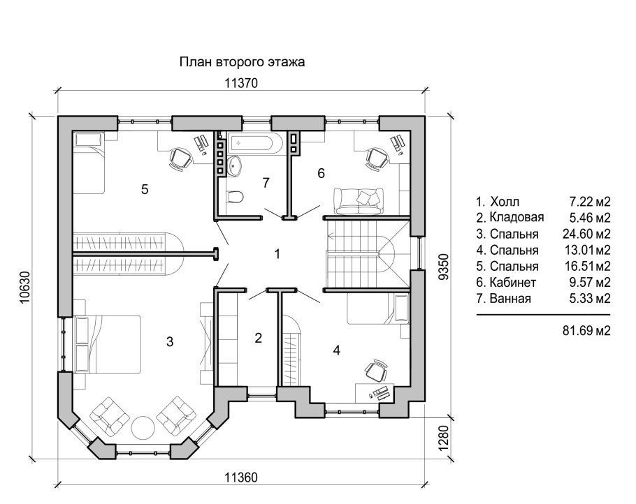 Чертеж двухэтажного дома с мансардой