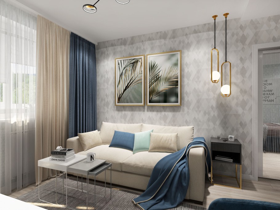 Серый интерьер в гостиной 18 м