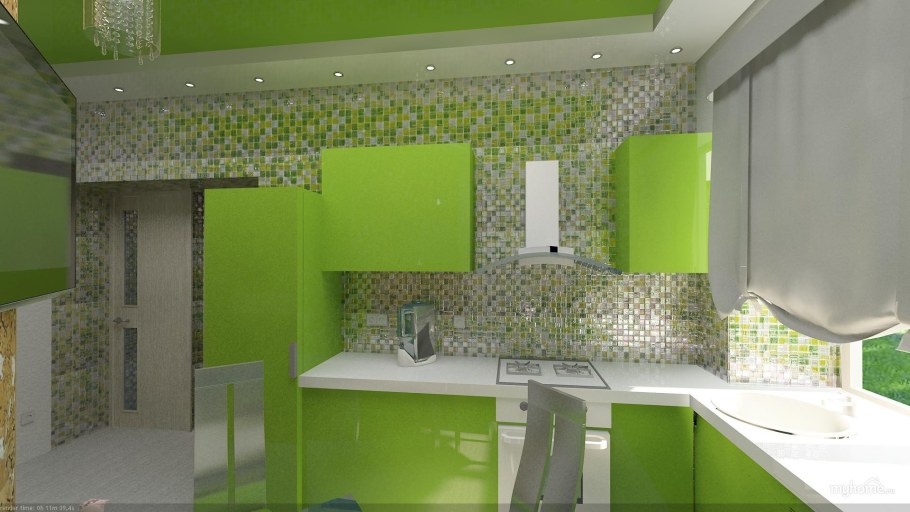 Модные обои на кухне 2022 с шоколадно салатовым гарнитуром