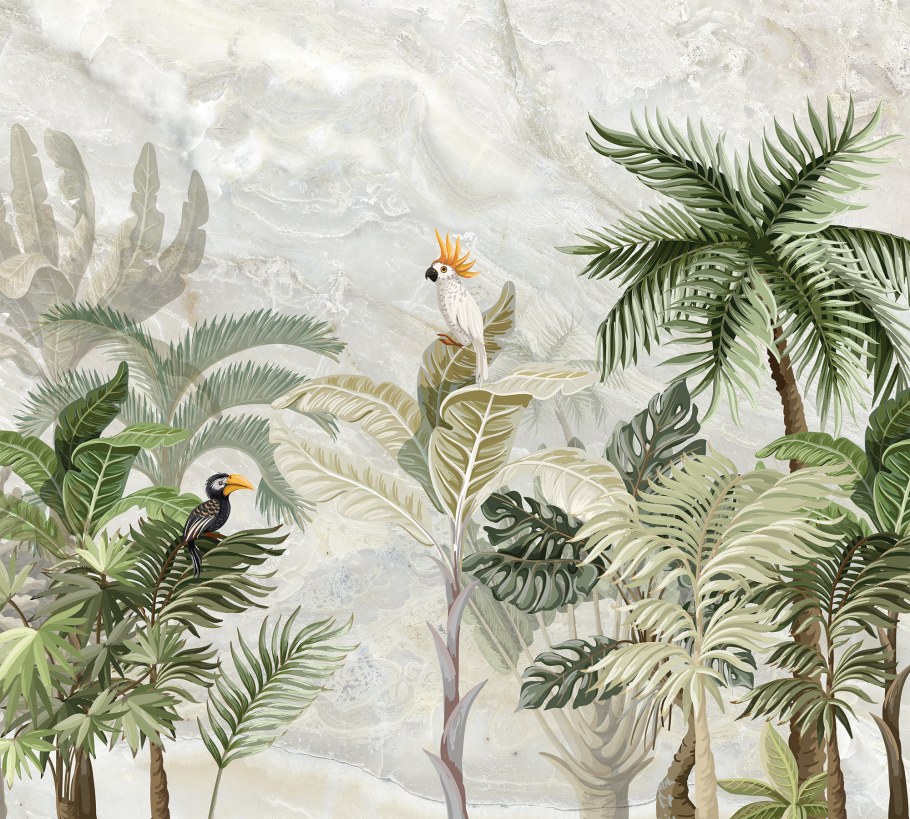 Фреска с листьями пальмы и птицами