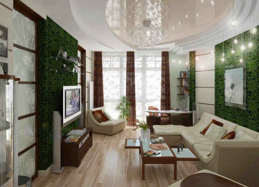 Интерьер узкой гостиной в частном доме