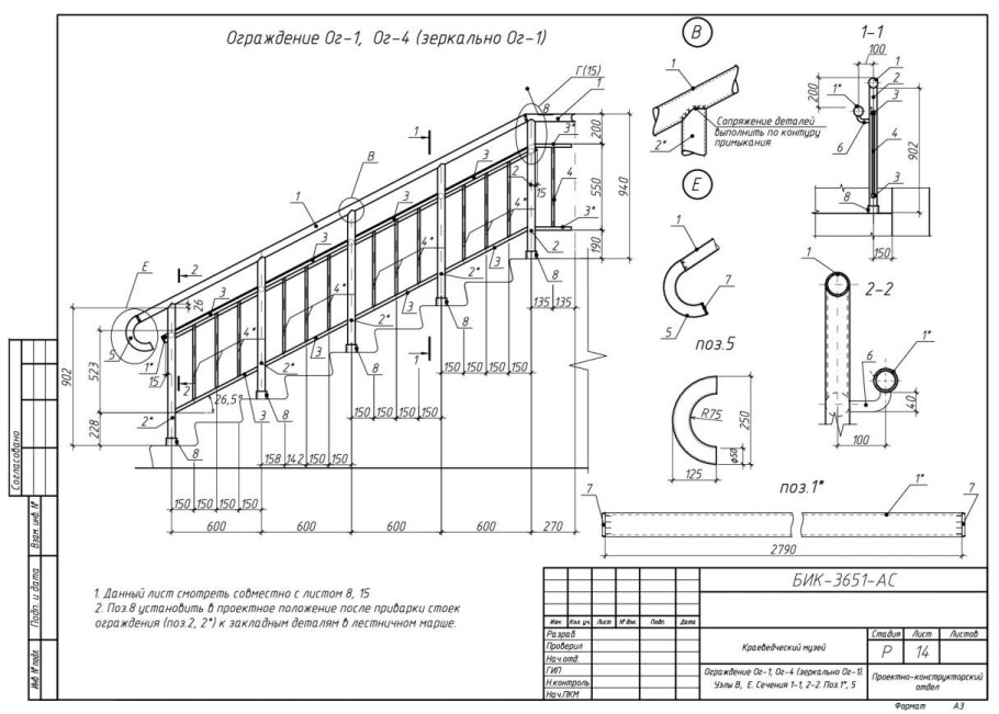 Ограждения лестниц металл чертеж