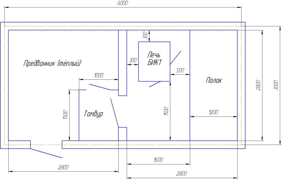 Планировка каркасной бани 6х3