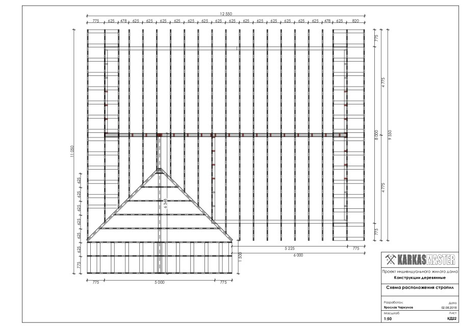 План стропильной системы двухскатной крыши чертеж