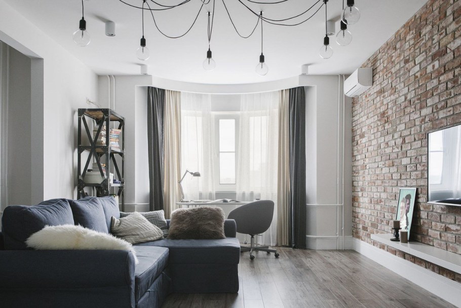 Гостиная в стиле лофт в светлых тонах