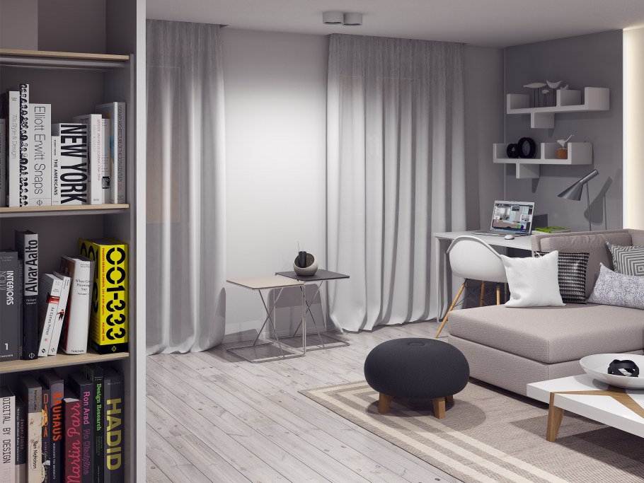 Квартира студия в бело серых тонах