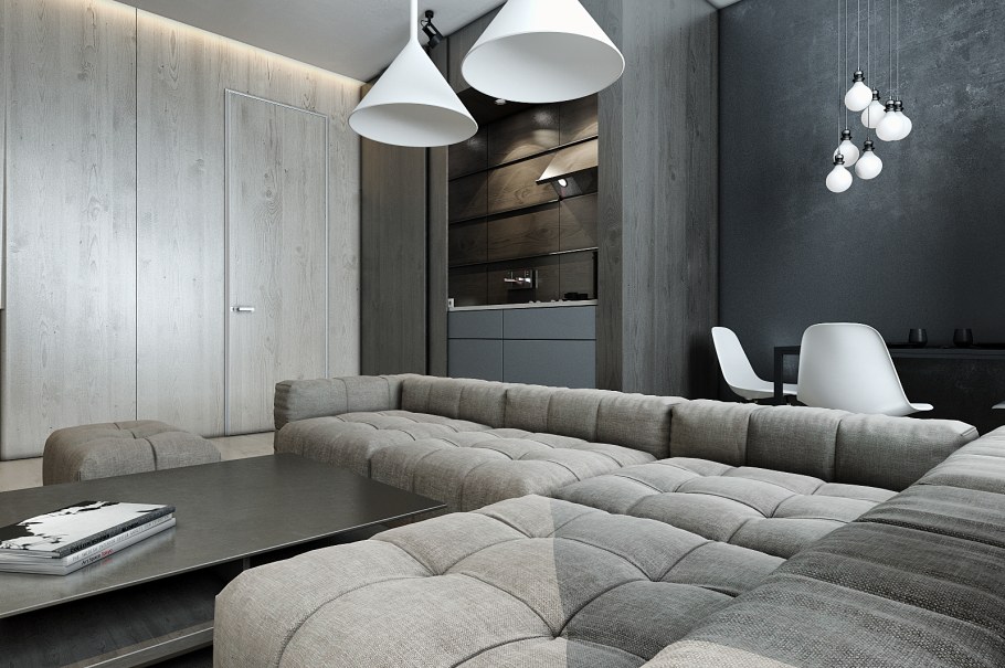 Гостиная с фиолетовым диваном