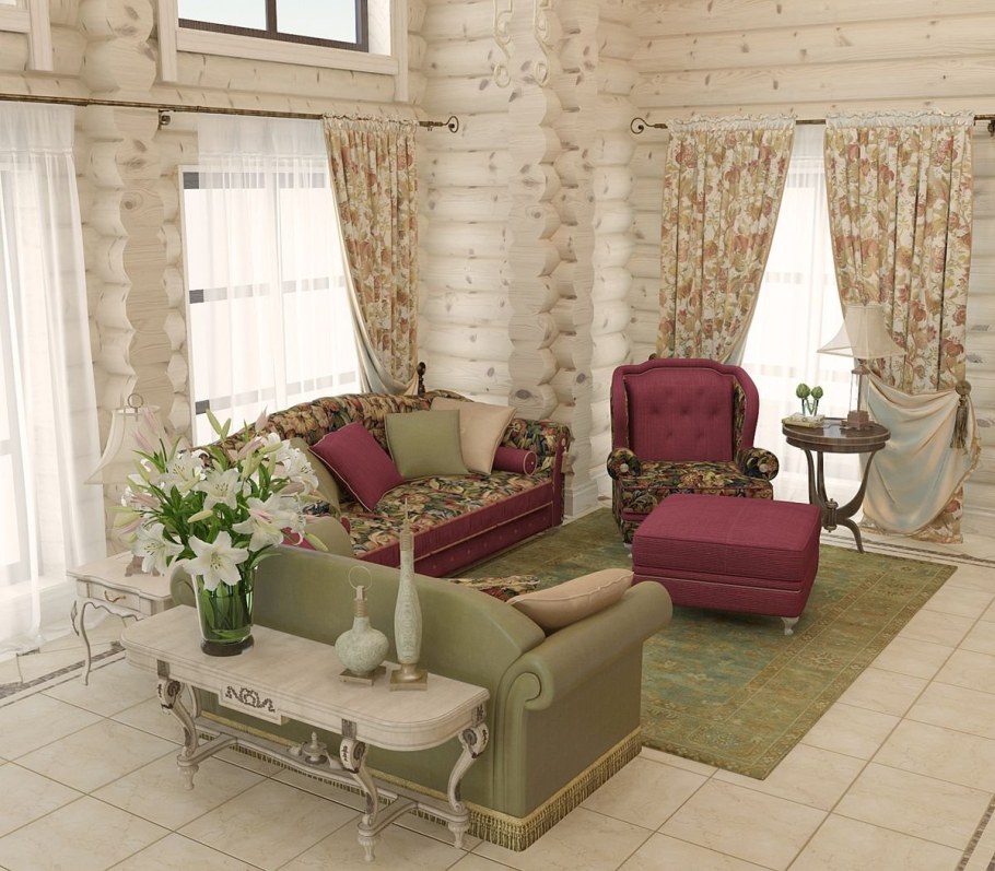 Гостиная Прованс Кантри в бревенчатом доме