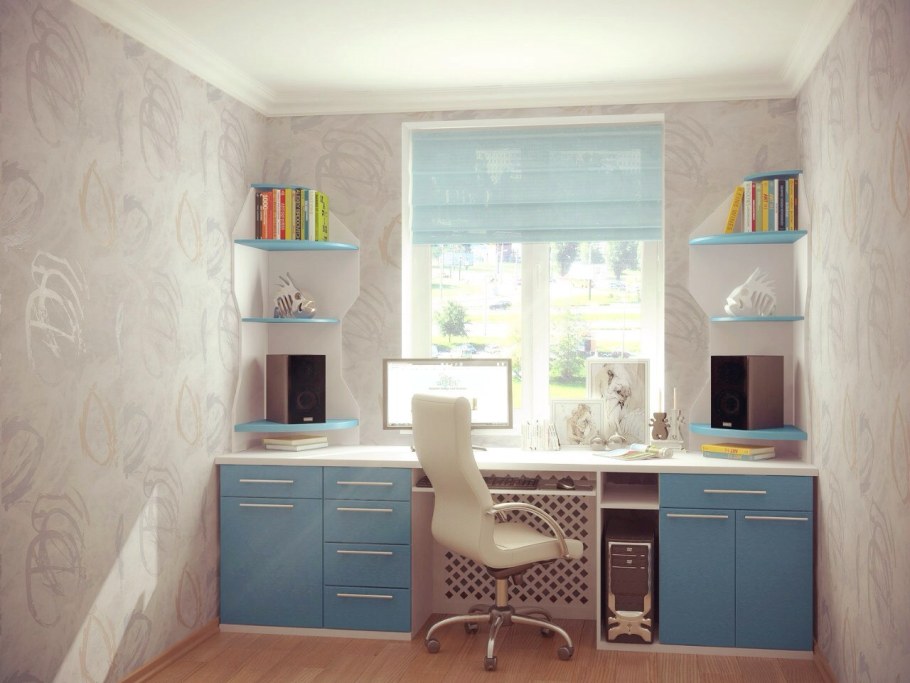 Стол у окна с полками