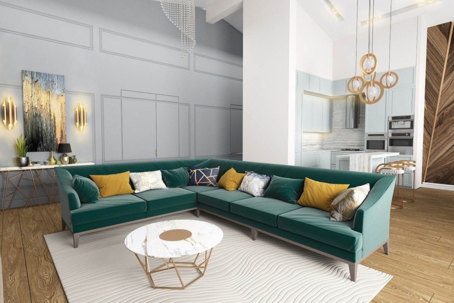Гостиная с изумрудным диваном