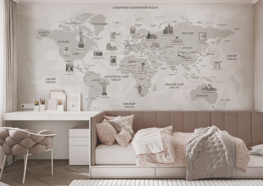 Фотообои карта мира на стене