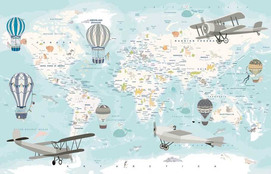 Детские обои с картой мира для стен