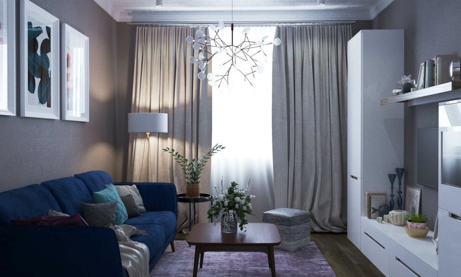 Сине серые шторы в интерьере гостиной