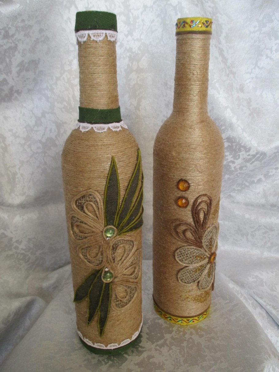Украшение бутылок из джута