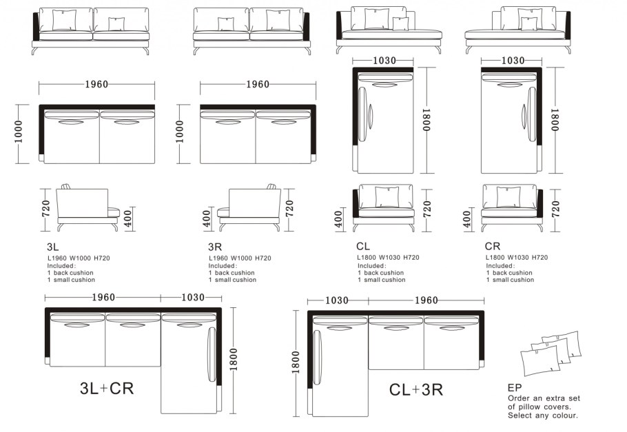 П-образный диван Размеры