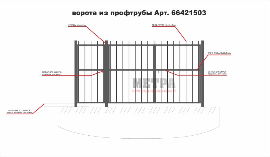 Ворота "каркас" н 1,5м l 3,4м, с 2 столбами 2,3м ППК RAL 6005