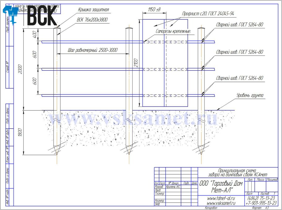 Схема монтажа забора из профнастила