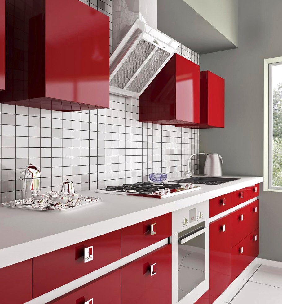 Белая кухня с красной столешницей