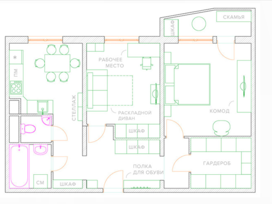 Планировочное решение 2х комнатной квартиры