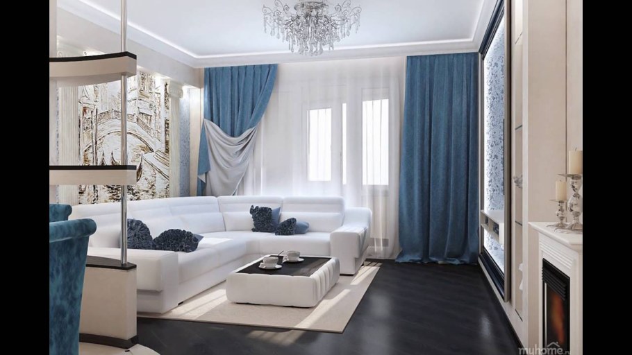 Гостиная в серо синих тонах в современном стиле