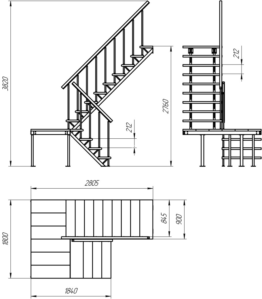 Чертеж п образной лестницы на второй этаж 3 метра