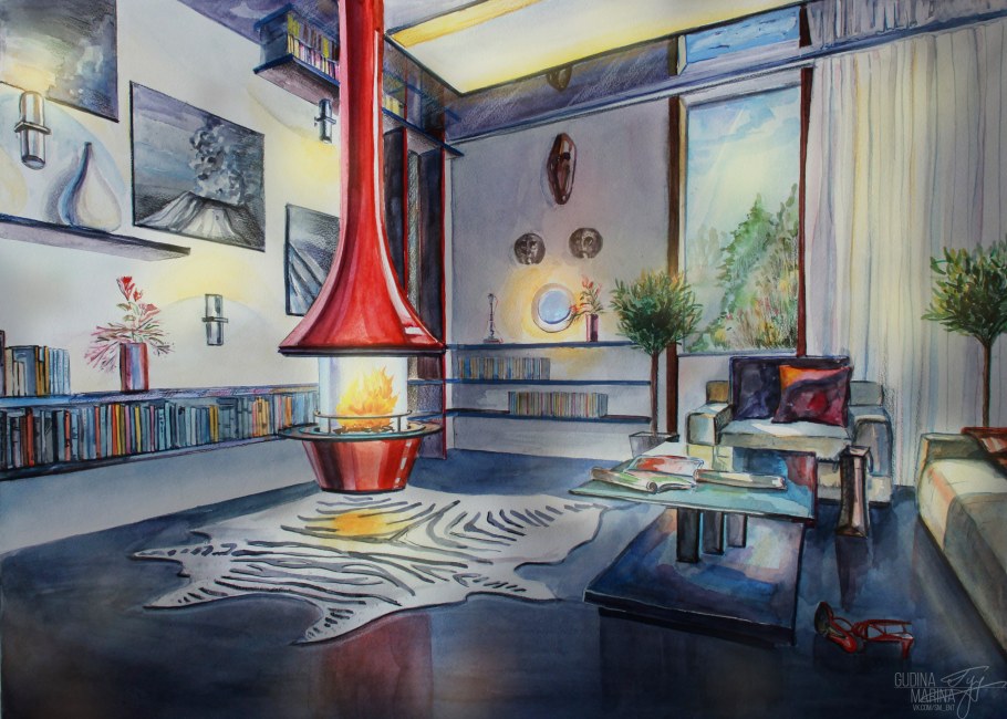 Постеры в интерьере гостиной над диваном