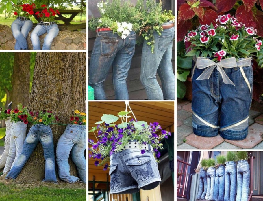 Клумба для цветов из джинсовых