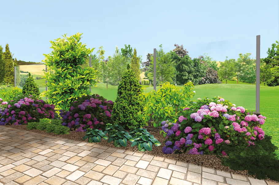 Скамейки с цветами в саду