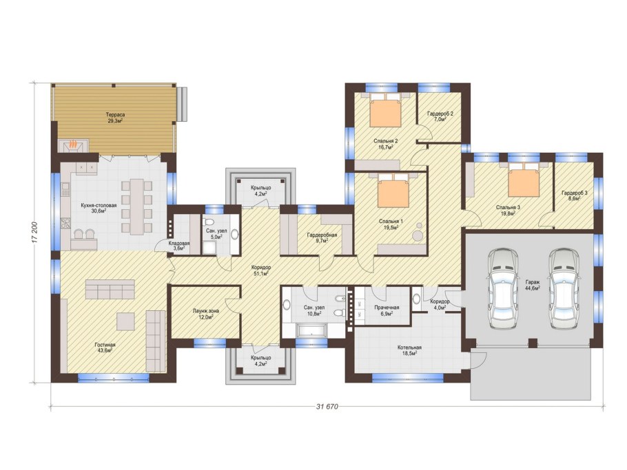 План одноэтажного дома с 3 спальнями и гаражом на 2 машины