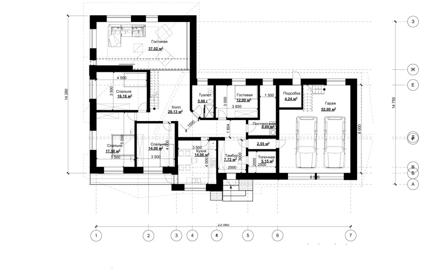Проект одноэтажного г образного дома с 3 спальнями