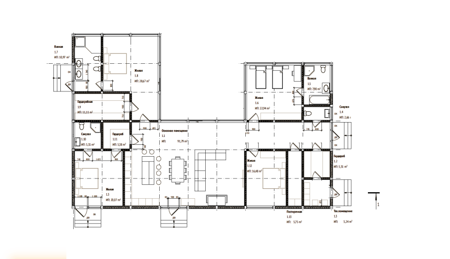Планировка одноэтажного дома буквой п