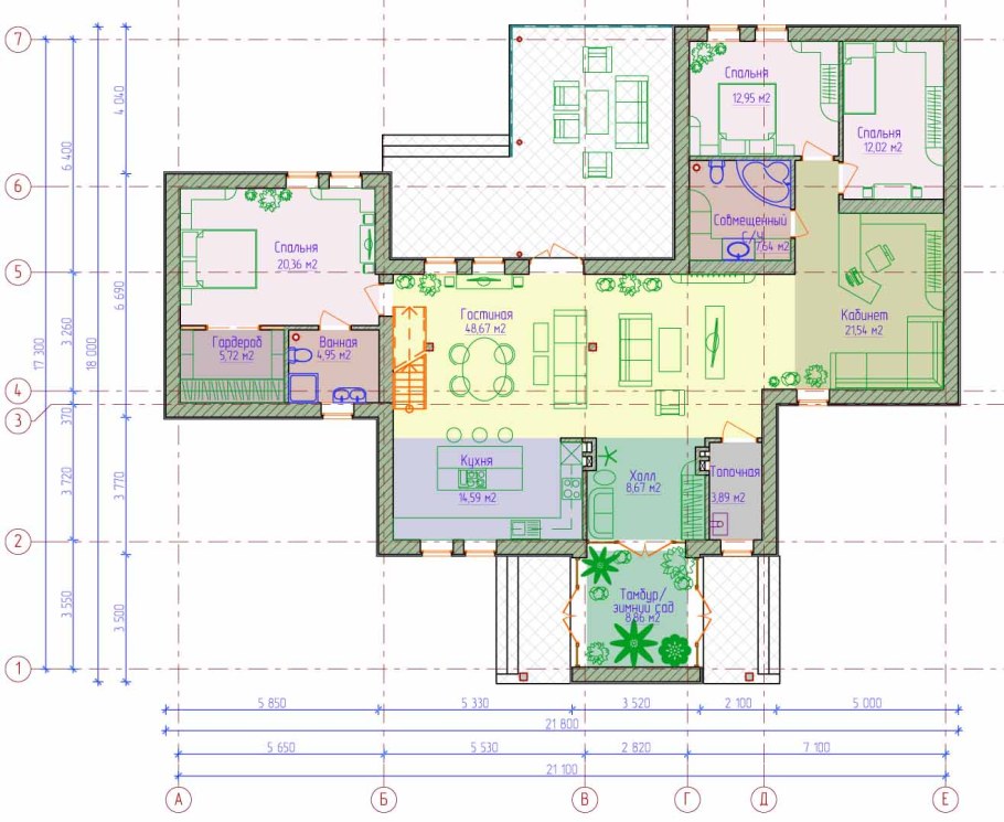 Планировка одноэтажного дома буквой п