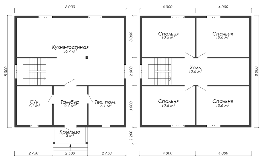 Планировка каркасного дома 8х8